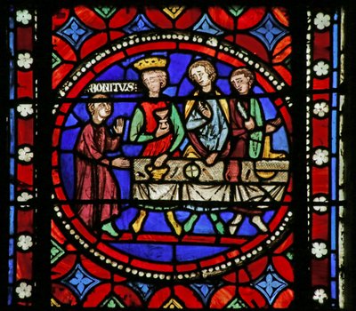 Window depicting Scene from the life of Saint Bonnet: Saint Bonnet going to work for King Sigebert II of Austrasia by French School